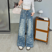 设计感阔脚裤 美式 绣花直筒裤 女宽松大码 复古刺绣提花牛仔阔腿裤