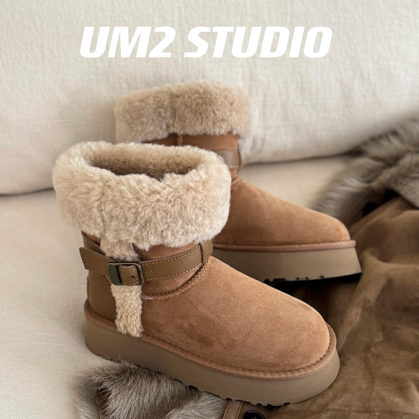 厚底皮带扣骑士靴澳洲羊毛雪地靴