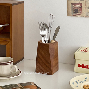 复古胡桃木餐具收纳筒桌面实木文具笔筒化妆刷眉笔木质整理收纳桶