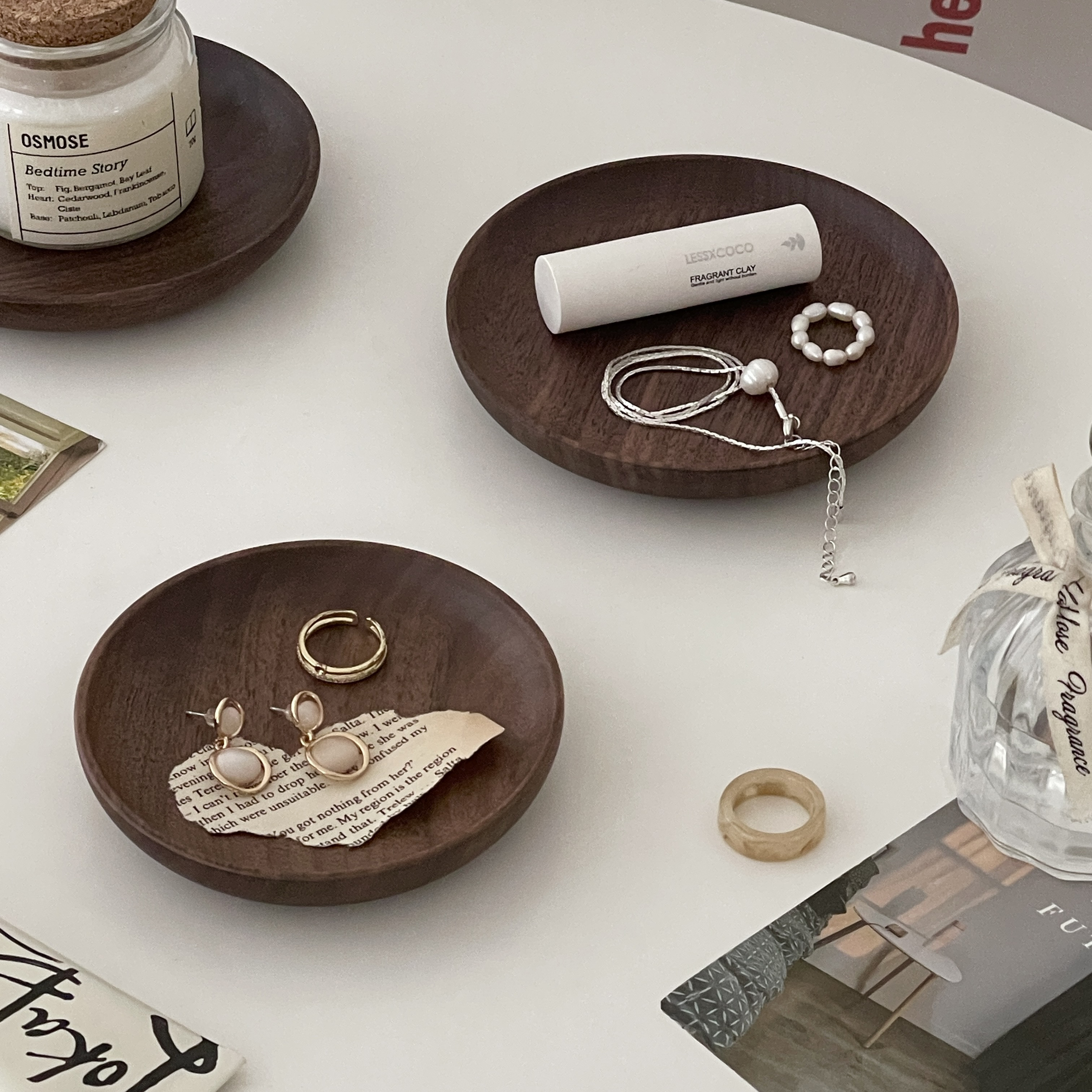 复古胡桃木桌面圆形收纳盘