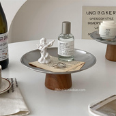 复古相思木不锈钢高脚托盘玄关置物盘香水首饰展示盘化妆品收纳盘