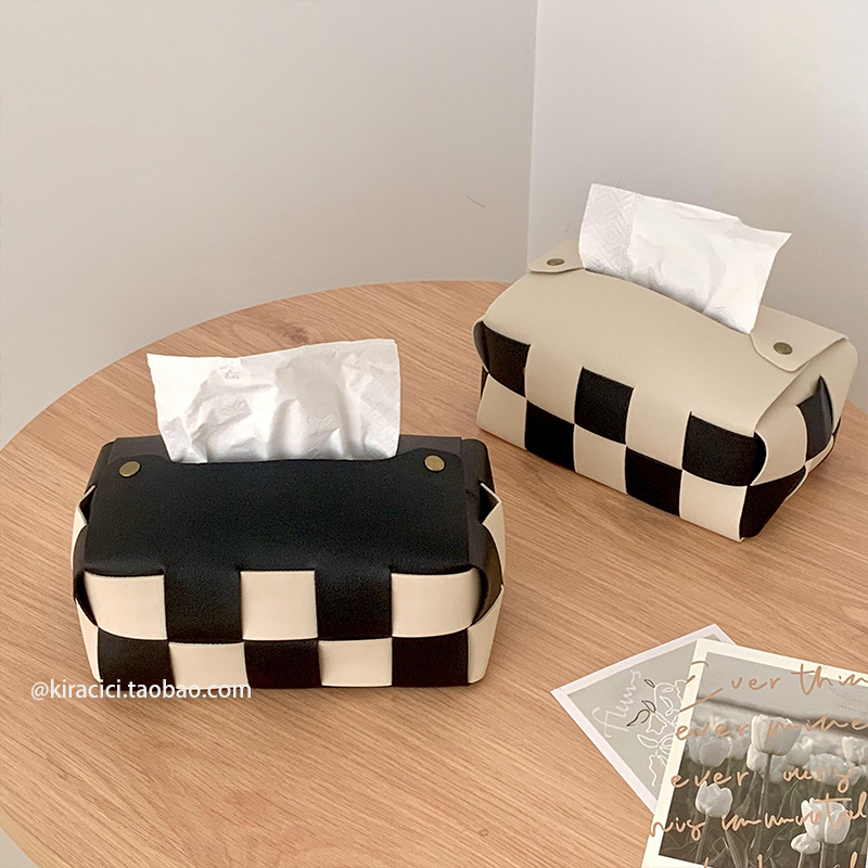ins北欧黑白棋盘格纸巾盒客厅编织皮革纸巾套餐巾纸收纳盒抽纸盒