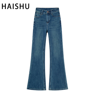 高定法式蓝-四面弹筒喇叭牛仔裤女高腰显瘦2025冬新款直筒阔腿裤