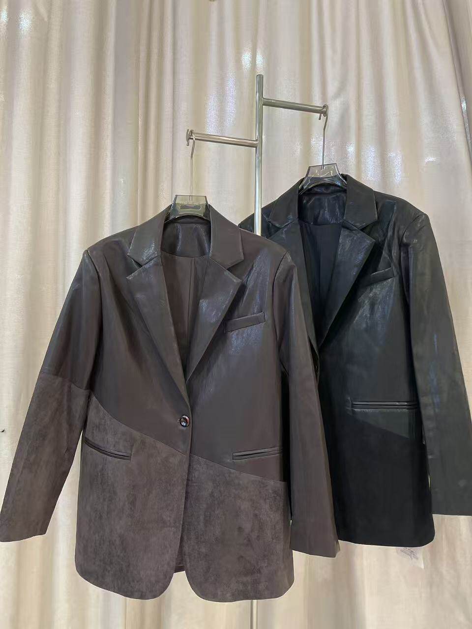 2026秋新款宽松中长款海宁真皮西装女绵羊皮西服拼接布料皮衣外套