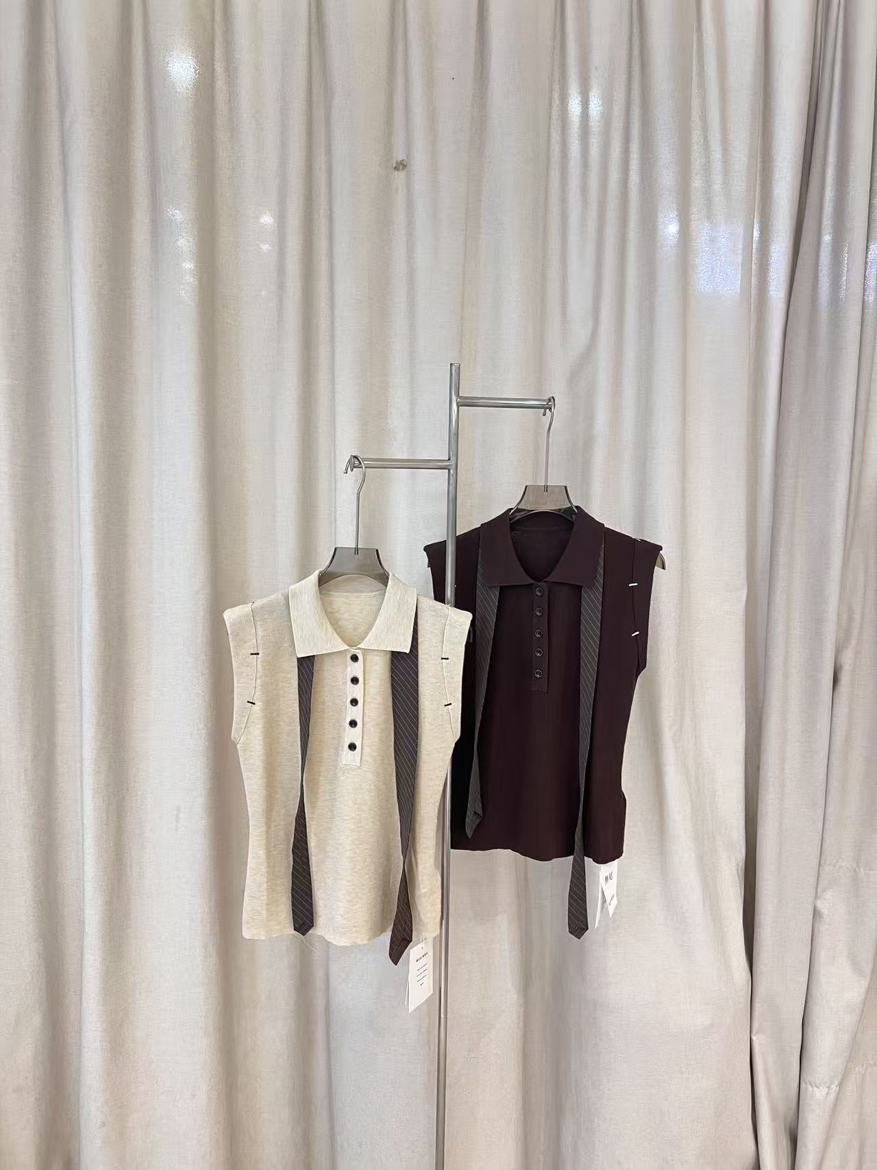 美式设计感配条纹领带坎肩短袖Polo领针织女减龄显瘦上衣潮