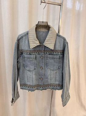 MX-9823欧货高端时尚钉珠牛仔外套女2026春撞色翻领印花个性上衣
