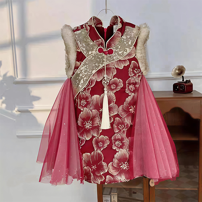 5岁女童连衣裙秋冬新款加绒洋气背心公主裙4岁小女孩古风拜年服裙