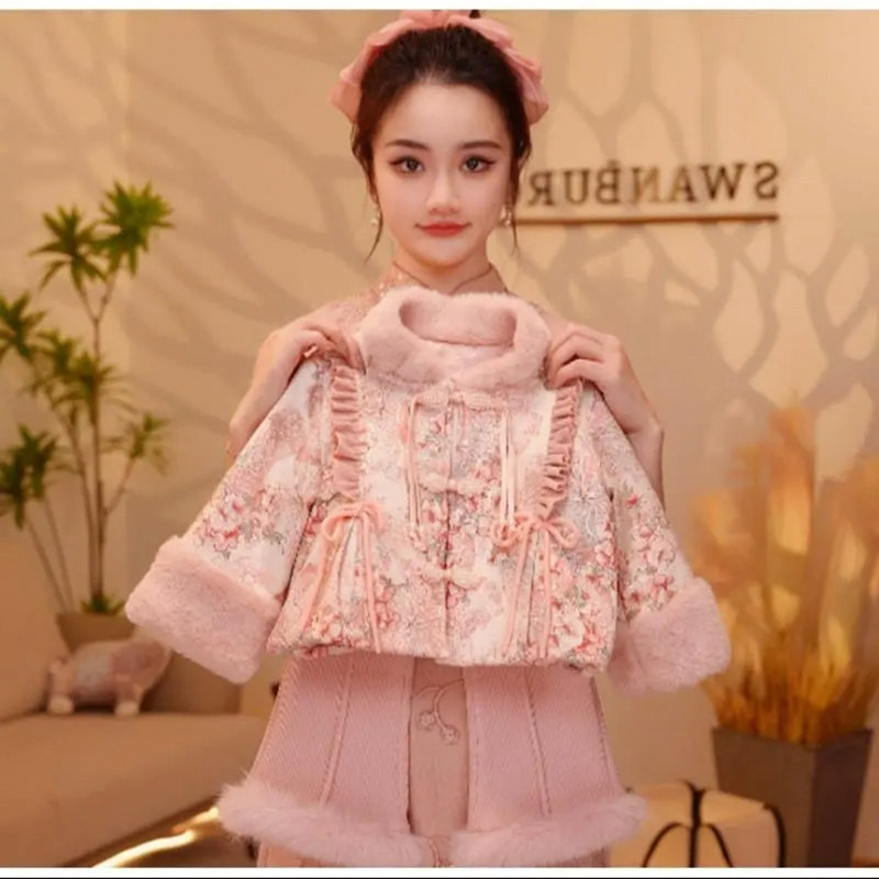 女童新中式国风外套2025新款秋冬季加绒儿童唐装小女孩汉服两件套