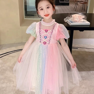 女童公主裙夏装新款3岁宝宝爱沙连衣裙亮片蓬蓬彩虹4儿童生日礼服
