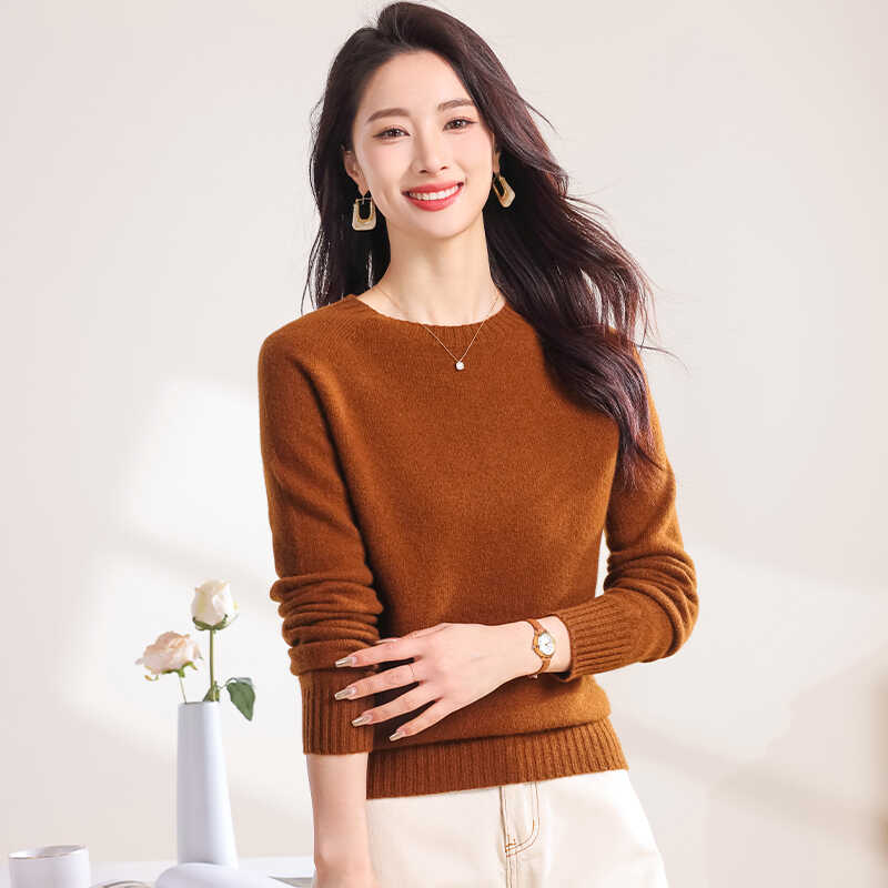 100%纯羊绒粉色圆领软糯打底衫女式洋气宽松毛衣高端妈妈装羊毛衫