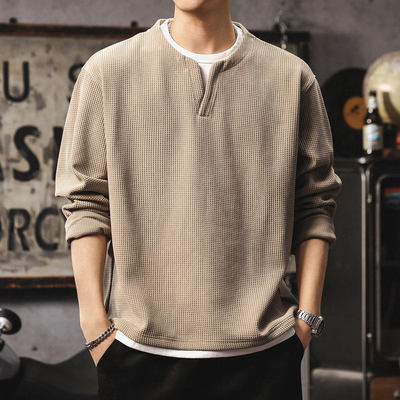 假两件长袖t恤男高级感潮牌v领