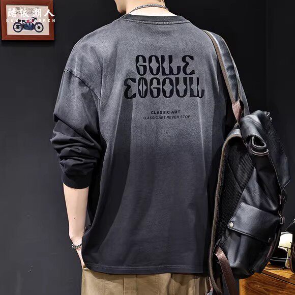 高端美式潮牌怀旧渐变纯棉长袖T恤男长袖2026春秋季新款宽松大码