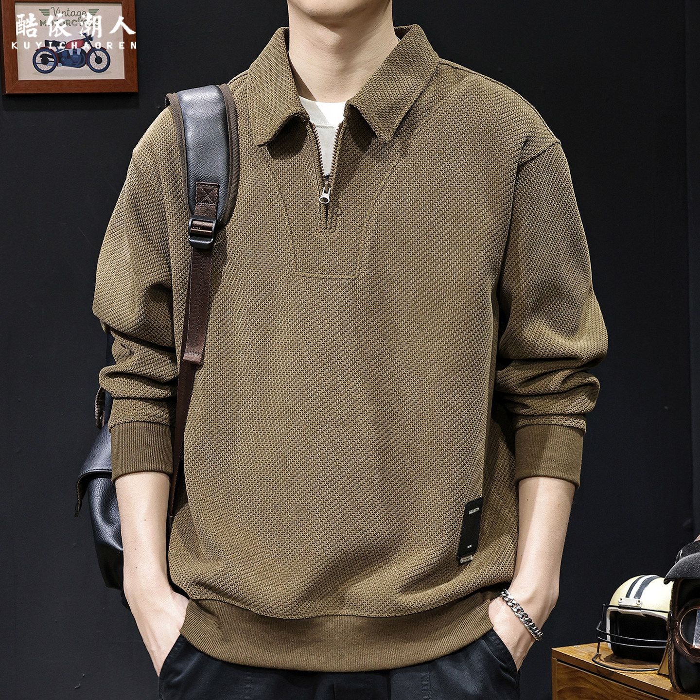 欧棉加绒加厚拉链翻领男士卫衣2025新款秋冬宽松大码休闲高端衣服