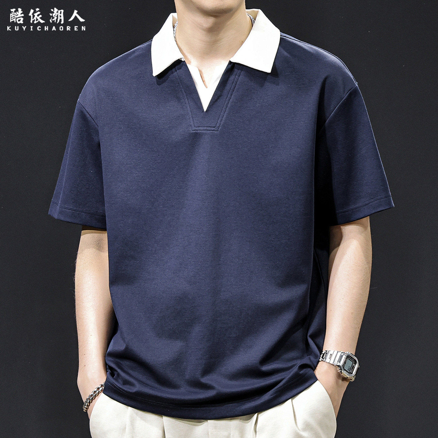 假两件T恤短袖Polo衫男2026夏季新款休闲V领宽松大码撞色高级上衣