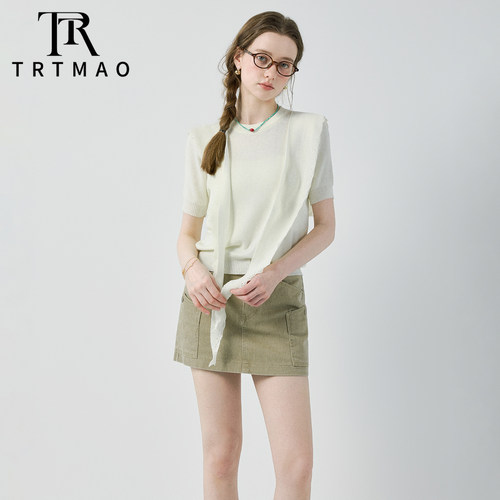 TRTMAO原创静奢风圆领飘带短袖针织衫女百搭上衣设计感简约风上衣