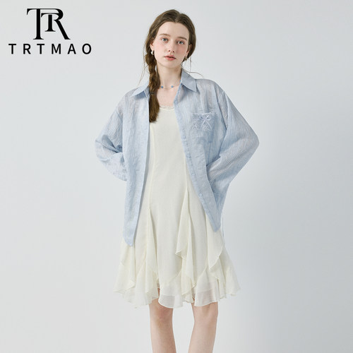 TRTMAO慵懒风宽松蓝色防晒衬衫套装女夏季松弛感穿搭简约套装