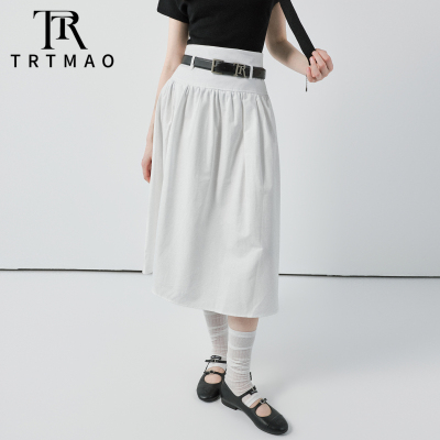 TRTMAO原创复古文艺风高腰A字半身裙白色显瘦中长裙配腰带半身裙