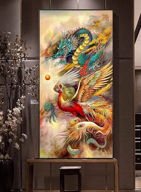 二龙戏珠龙凤招财客厅玄关挂画