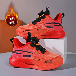 巴布豆童鞋男童棉鞋冬季加绒运动鞋儿童旋钮扣跑步鞋红色二棉鞋子