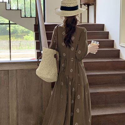 复古棉绸连衣裙女士春夏季人造棉睡裙加长款宽松波西米亚度假裙子