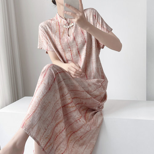 夏季女士棉绸旗袍连衣裙可外穿中长款系带中式家居服薄款禅意睡裙