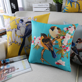 新中式 喜鹊梅花鸟棉麻抱枕客厅沙发大靠垫家用床头靠背办公室腰枕