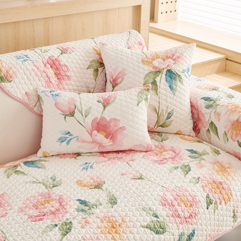 韩式花朵全棉沙发垫四季通用防滑绗缝垫纯棉沙发巾布飘窗垫防猫抓,居家布艺,沙发垫,淘宝优惠券,粉丝福利购,淘宝优惠卷