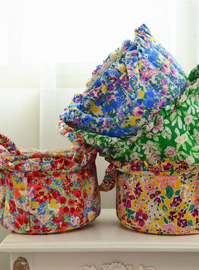 韩国纯棉布艺蕾丝收纳筐外贸flowering可折叠手提收纳篮子杂物筐