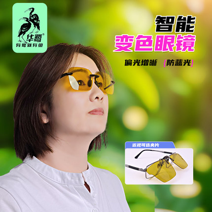 华鹭智能防蓝光钓鱼眼镜太阳镜增晰垂钓开车感光变色偏光夹片墨镜