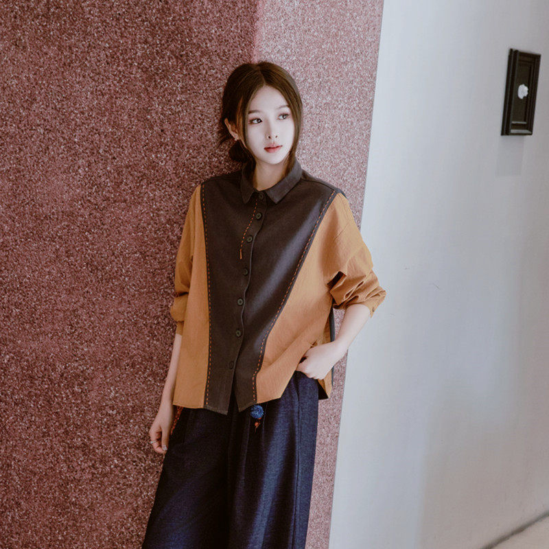 宽松拼色深灰色小方领手工衬衣女