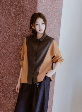 春季女新款宽松拼色深灰色小方领手工刺绣新中式长袖衬衣女开衫女