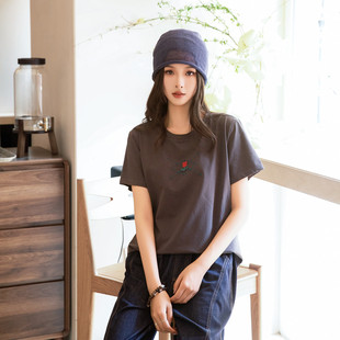 休闲个性夏季女正肩深灰色纯棉短袖女手工刺绣民族风设计感新款