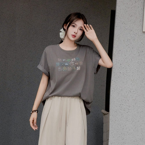 圆领文艺印花宽松袖口翻折短袖女