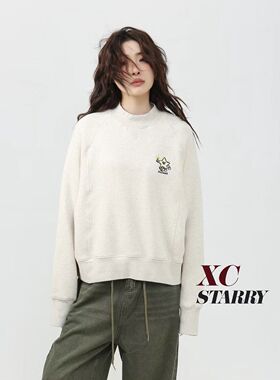 XCstarry纸袋6007简约线绣半高领插肩袖加绒短款卫衣宽松韩版冬款