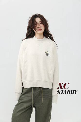 XCstarry纸袋6007简约线绣半高领插肩袖加绒短款卫衣宽松韩版冬款