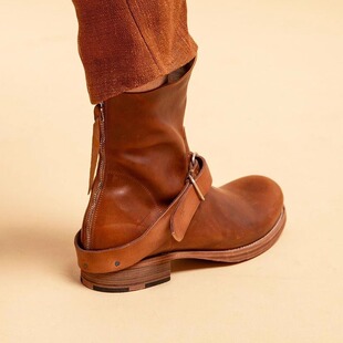 MA后拉链棕红复古做旧马丁靴男厚底短筒骑士靴皮带扣工装切尔西靴