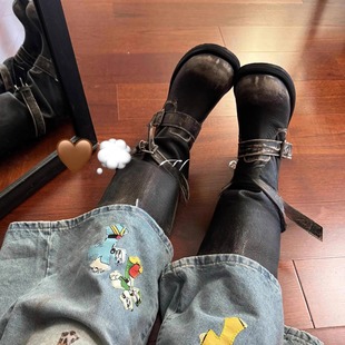 张元英nt3骑士靴女西部牛仔靴复古做旧韩版中筒靴子废土风机车靴