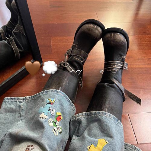 nt3废土风复古韩版中筒机车靴女