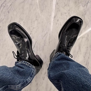 暗黑方头亮面德比鞋男士粗跟黑色百搭英伦风乐福鞋休闲立体小皮鞋