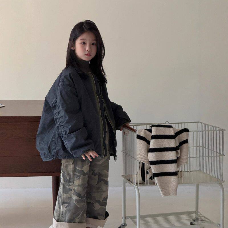 口袋立体童外套拉链牛仔夹克2025秋冬加绒韩版女宝宝后背外套
