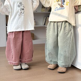 毛边灯笼纯色百搭阔宽松春款儿童童裤女童长裤牛仔裤2025男腿韩版