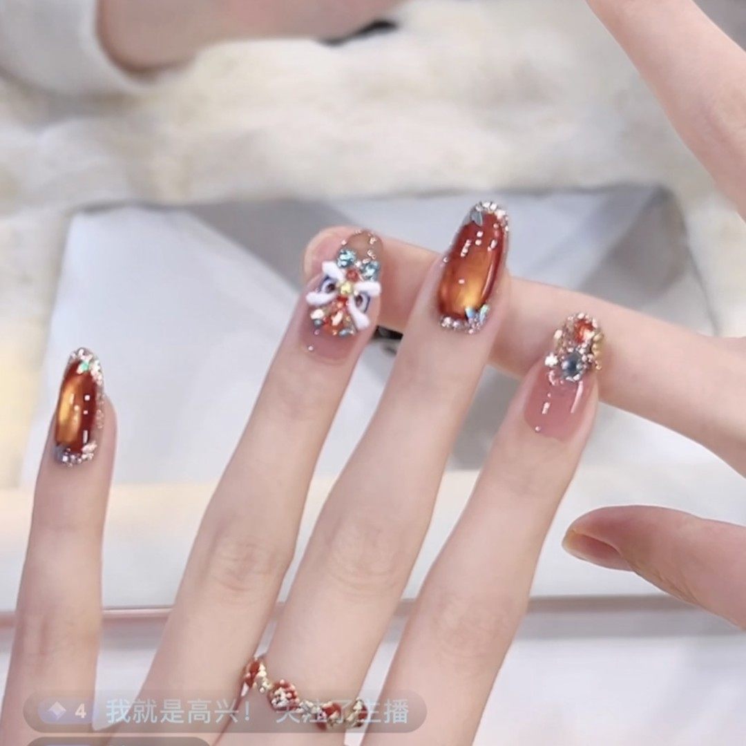 2025年新款新年红色iphone橙醒狮显白美甲穿戴甲手工高级感中长款,彩妆/香水/美妆工具,穿戴甲/甲片,淘宝优惠券,粉丝福利购,淘宝优惠卷