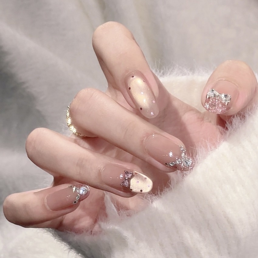 粉色芭蕾纯手工穿戴甲2025新款法式蕾丝粉色蝴蝶结甜美公主风美甲