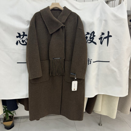 2024秋冬新款围巾领双面羊绒大衣女高级感中长款宽松显瘦羊毛外套