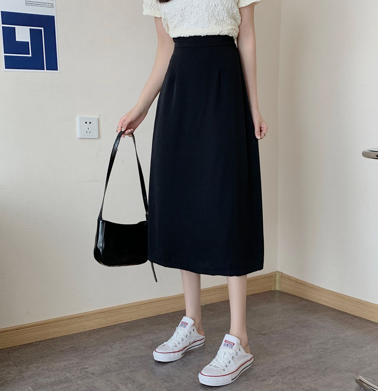 Real price ~ the new Korean style looks thin, high waist, solid color, medium length, split back skirt, A-line skirt