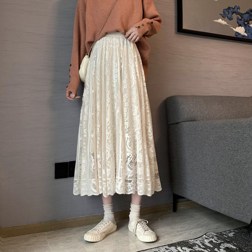 Real price ~ 2021 Korean version elastic waist medium and long lace skirt, versatile half skirt, umbrella skirt, large swing skirt, female