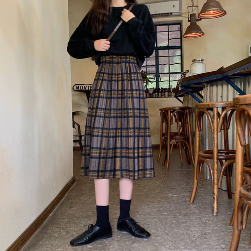 Real shooting and real price ~ New Korean version elastic waist medium and long Plaid pleated skirt A-line skirt half skirt female