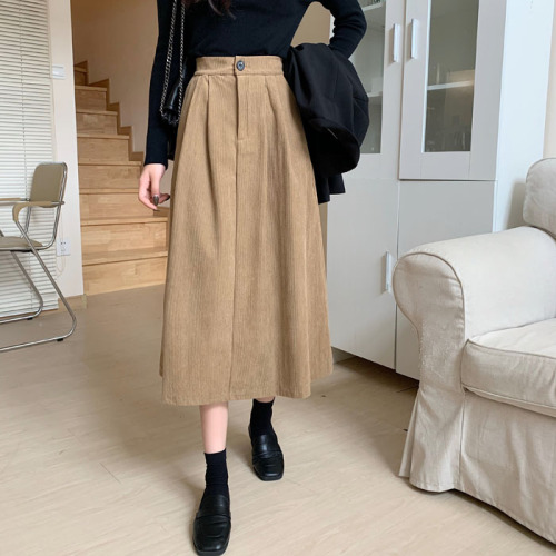 Real price ~ Spring 2022 Korean corduroy high waist thin medium long A-line skirt casual skirt women