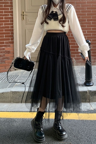 Real price ~ 2021 autumn new fashion elastic waist bound pearl skirt, super fairy mesh skirt, medium length skirt