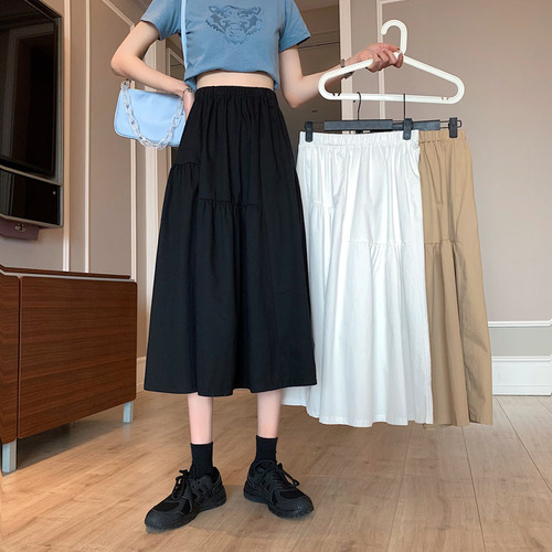 Actual shot ~ 2024 new Korean style versatile elastic waist mid-length slim skirt a-line skirt umbrella skirt